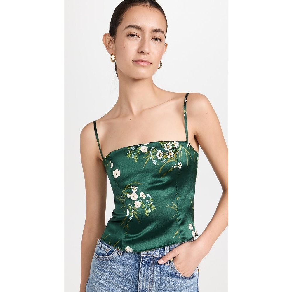 Reformation Overland Silk Top Green Floral Satin Camisole Square Neck Size 0